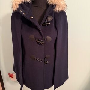 Eliza J Dark Blue Cape Coat with Faux Fur Trim